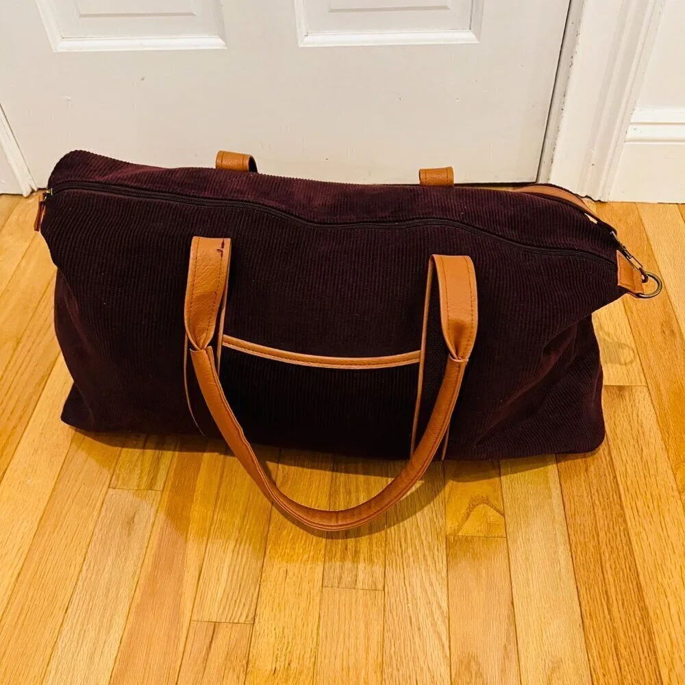 Vintage 80's 90's Corduroy and Leather Large Duffle Bag